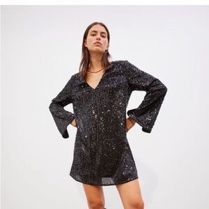V-Neck Black Sequin Dress